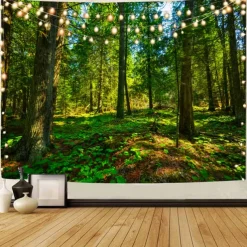 Landscape Tree Wall Tapestry Art Decor Blanket Curtain Picnic Tablecloth Hanging Home Bedroom Living Room Dorm Decoration Misty Forest Nature Sunshine Through Tree