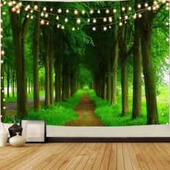 Landscape Tree Wall Tapestry Art Decor Blanket Curtain Picnic Tablecloth Hanging Home Bedroom Living Room Dorm Decoration Misty Forest Nature Sunshine Through Tree