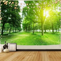 Landscape Tree Wall Tapestry Art Decor Blanket Curtain Picnic Tablecloth Hanging Home Bedroom Living Room Dorm Decoration Misty Forest Nature Sunshine Through Tree