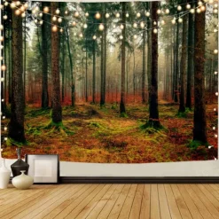Landscape Tree Wall Tapestry Art Decor Blanket Curtain Picnic Tablecloth Hanging Home Bedroom Living Room Dorm Decoration Misty Forest Nature Sunshine Through Tree