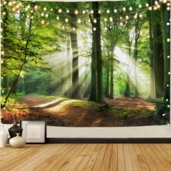 Landscape Tree Wall Tapestry Art Decor Blanket Curtain Picnic Tablecloth Hanging Home Bedroom Living Room Dorm Decoration Misty Forest Nature Sunshine Through Tree