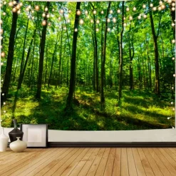 Landscape Tree Wall Tapestry Art Decor Blanket Curtain Picnic Tablecloth Hanging Home Bedroom Living Room Dorm Decoration Misty Forest Nature Sunshine Through Tree