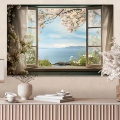 Landscape Wall Art Canvas False Window Spring Cherry Blossoms Prints and Posters Pictures Decorative Fabric Painting For Living Room Pictures No Frame