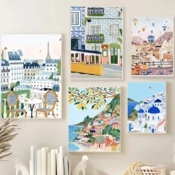 Landscape Wall Art Canvas Nordic Vintage Travel City Poster Paris Lisbon Japan Landscape Art Canvas Painting Housewarming Gift Wall Pictures Home Decor No Frame