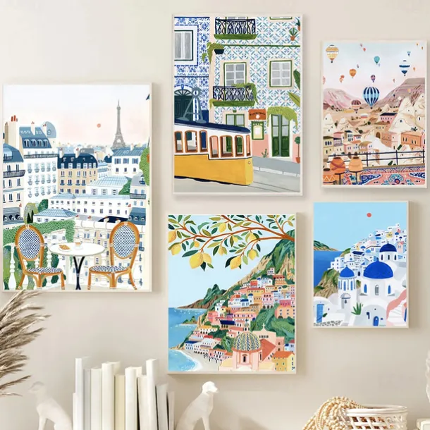 Landscape Wall Art Canvas Nordic Vintage Travel City Poster Paris Lisbon Japan Landscape Art Canvas Painting Housewarming Gift Wall Pictures Home Decor No Frame