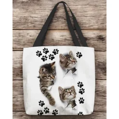 Large Capacity Tote Bag with 3D Cat Print and Paw Patterns – Casual Lightweight Shopping Bag for Cat Lovers, Perfect for Daily Use and Gift Giving