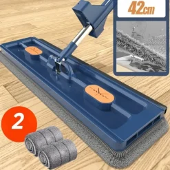 Large Flat Mop, 360° Rotatable Large Surface Microfiber Flat Squeeze Mop, with Dewatering Scraper Tool, Stainless Steel Long Handle Mop for Floor, Window
