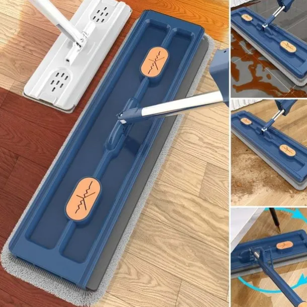 Large Flat Mop, 360° Rotatable Large Surface Microfiber Flat Squeeze Mop, with Dewatering Scraper Tool, Stainless Steel Long Handle Mop for Floor, Window
