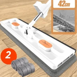 Large Flat Mop, 360° Rotatable Large Surface Microfiber Flat Squeeze Mop, with Dewatering Scraper Tool, Stainless Steel Long Handle Mop for Floor, Window