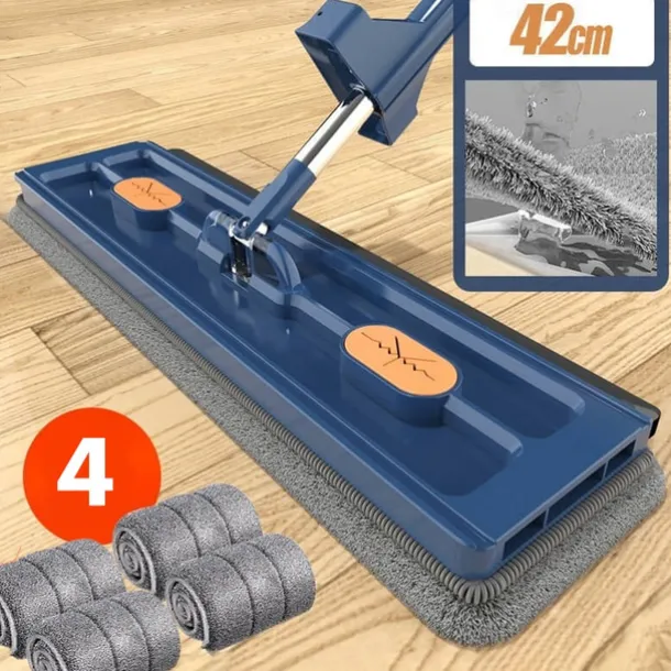 Large Flat Mop, 360° Rotatable Large Surface Microfiber Flat Squeeze Mop, with Dewatering Scraper Tool, Stainless Steel Long Handle Mop for Floor, Window