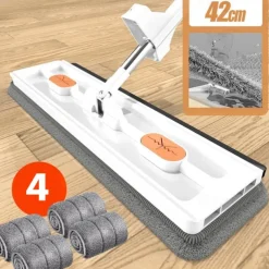 Large Flat Mop, 360° Rotatable Large Surface Microfiber Flat Squeeze Mop, with Dewatering Scraper Tool, Stainless Steel Long Handle Mop for Floor, Window