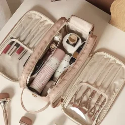 Large-Capacity Travel Cosmetic Bag, Multifunctional Makeup Organizer with Brush Holder, Portable Toiletry Storage Bag for Women