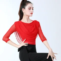 Latin Dance Activewear Top Pure Color Splicing Women's Training Performance 3/4 Length Sleeve High Cotton Blend