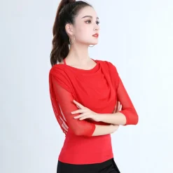 Latin Dance Activewear Top Pure Color Splicing Women's Training Performance 3/4 Length Sleeve High Cotton Blend