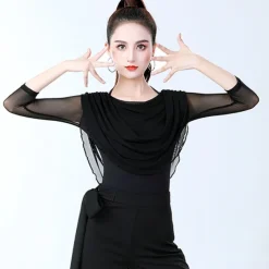 Latin Dance Activewear Top Pure Color Splicing Women's Training Performance 3/4 Length Sleeve High Cotton Blend