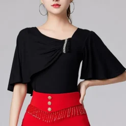 Latin Dance Ballroom Dance Top Ruffles Pure Color Splicing Women's Performance Training Short Sleeve High Modal