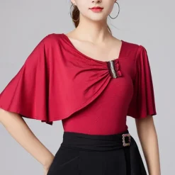 Latin Dance Ballroom Dance Top Ruffles Pure Color Splicing Women's Performance Training Short Sleeve High Modal