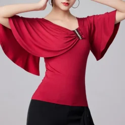 Latin Dance Ballroom Dance Top Ruffles Pure Color Splicing Women's Performance Training Short Sleeve High Modal