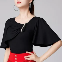 Latin Dance Ballroom Dance Top Ruffles Pure Color Splicing Women's Performance Training Short Sleeve High Modal
