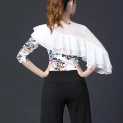 Latin Dance Ballroom Dance Top Printing Ruffles Splicing Women's Performance Training Half Sleeve High Terylene