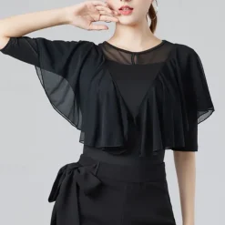 Latin Dance Ballroom Dance Top Ruffles Pure Color Splicing Women's Performance Training Half Sleeve High Cotton Blend