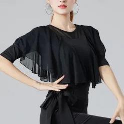 Latin Dance Ballroom Dance Top Ruffles Pure Color Splicing Women's Performance Training Half Sleeve High Cotton Blend