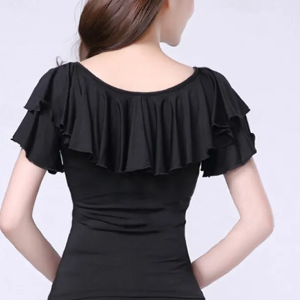 Latin Dance Ballroom Dance Activewear Top Ruffles Pure Color Splicing Women's Performance Training Short Sleeve Milk Fiber