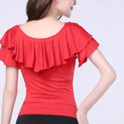 Latin Dance Ballroom Dance Activewear Top Ruffles Pure Color Splicing Women's Performance Training Short Sleeve Milk Fiber
