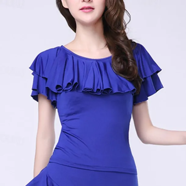 Latin Dance Ballroom Dance Activewear Top Ruffles Pure Color Splicing Women's Performance Training Short Sleeve Milk Fiber