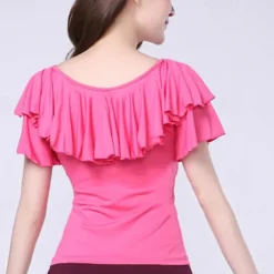 Latin Dance Ballroom Dance Activewear Top Ruffles Pure Color Splicing Women's Performance Training Short Sleeve Milk Fiber