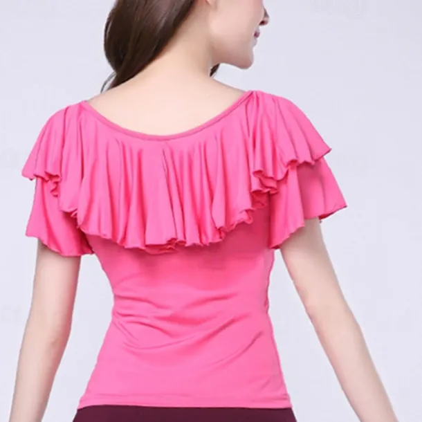 Latin Dance Ballroom Dance Activewear Top Ruffles Pure Color Splicing Women's Performance Training Short Sleeve Milk Fiber