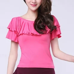 Latin Dance Ballroom Dance Activewear Top Ruffles Pure Color Splicing Women's Performance Training Short Sleeve Milk Fiber