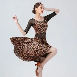 Latin Dance Dress Leopard Print Solid Splicing Women's Training Performance Half Sleeve High Spandex