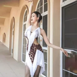 Latin Dance Dress Printing Tassel Splicing Women's Performance Training Sleeveless Crystal Cotton