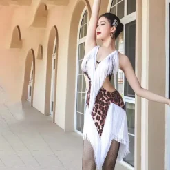 Latin Dance Dress Printing Tassel Splicing Women's Performance Training Sleeveless Crystal Cotton