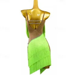 Latin Dance Dress Rhinestone Tassel Women's Girls' Performance Training Sleeveless High Spandex