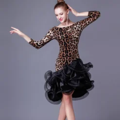 Latin Dance Dress Ruffles Splicing Women's Performance 3/4 Length Sleeve High Crystal Cotton Organza