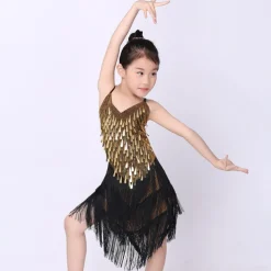 Latin Dance Dress Tassel Tiered Paillette Girls' Performance Training Long Sleeve Polyester