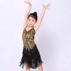 Latin Dance Dress Tassel Tiered Paillette Girls' Performance Training Long Sleeve Polyester