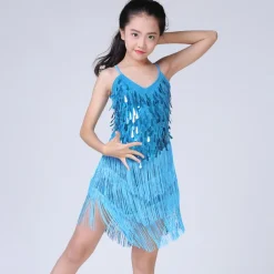 Latin Dance Dress Tassel Tiered Paillette Girls' Performance Training Long Sleeve Polyester