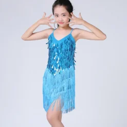 Latin Dance Dress Tassel Tiered Paillette Girls' Performance Training Long Sleeve Polyester