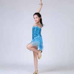 Latin Dance Dress Tassel Tiered Paillette Girls' Performance Training Long Sleeve Polyester