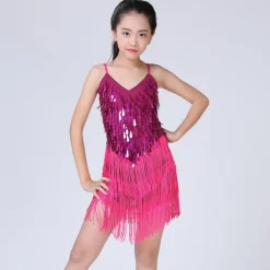 Latin Dance Dress Tassel Tiered Paillette Girls' Performance Training Long Sleeve Polyester