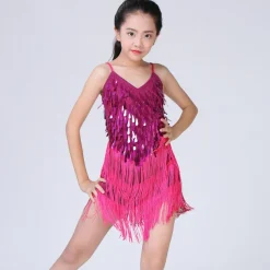 Latin Dance Dress Tassel Tiered Paillette Girls' Performance Training Long Sleeve Polyester
