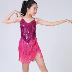 Latin Dance Dress Tassel Tiered Paillette Girls' Performance Training Long Sleeve Polyester