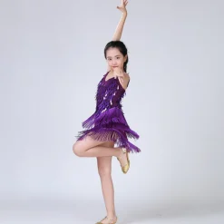 Latin Dance Dress Tassel Tiered Paillette Girls' Performance Training Long Sleeve Polyester