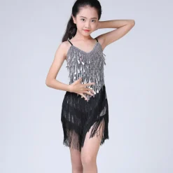 Latin Dance Dress Tassel Tiered Paillette Girls' Performance Training Long Sleeve Polyester