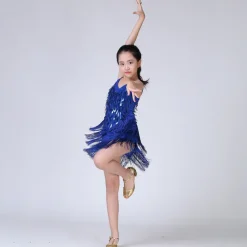 Latin Dance Dress Tassel Tiered Paillette Girls' Performance Training Long Sleeve Polyester