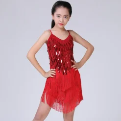 Latin Dance Dress Tassel Tiered Paillette Girls' Performance Training Long Sleeve Polyester
