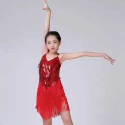 Latin Dance Dress Tassel Tiered Paillette Girls' Performance Training Long Sleeve Polyester